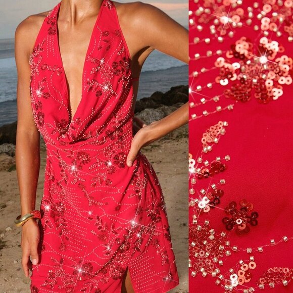 Red Party Women's Beaded Embroidered Fabric Halter Open Back Mini Dress - Picture 4 of 8